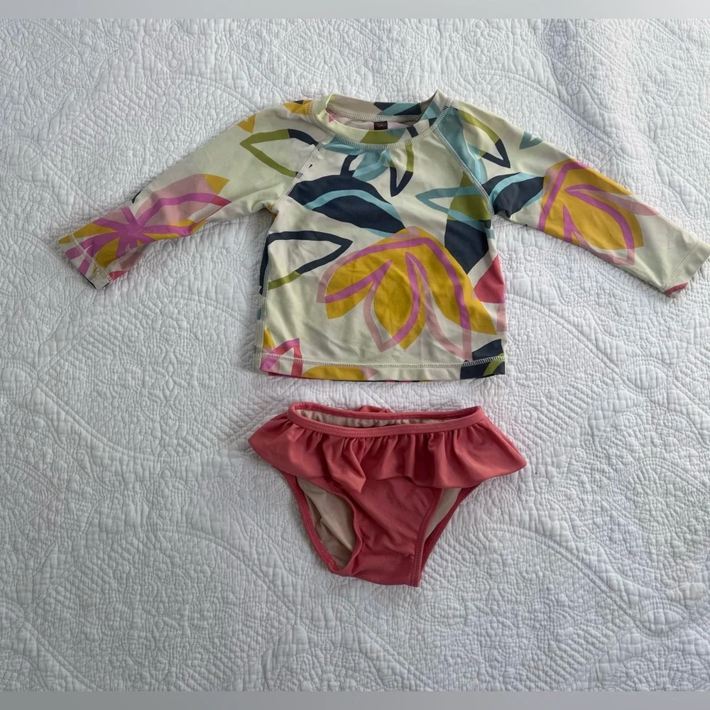 Tea Collection Baby Girl Floral Rash Guard Swim suit Ruffle Bikini Bottom 12-18M